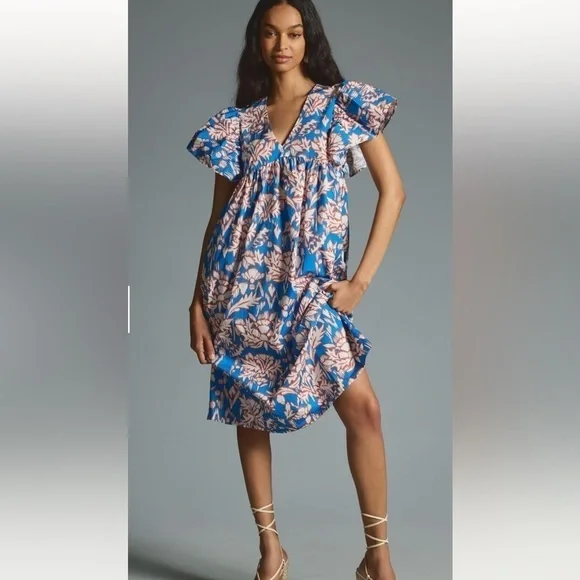 🍁SALE🍁MAEVE Anthropologie Printed Flutter-Sleeve Babydoll Floral Midi Dress XS - Picture 1 of 7